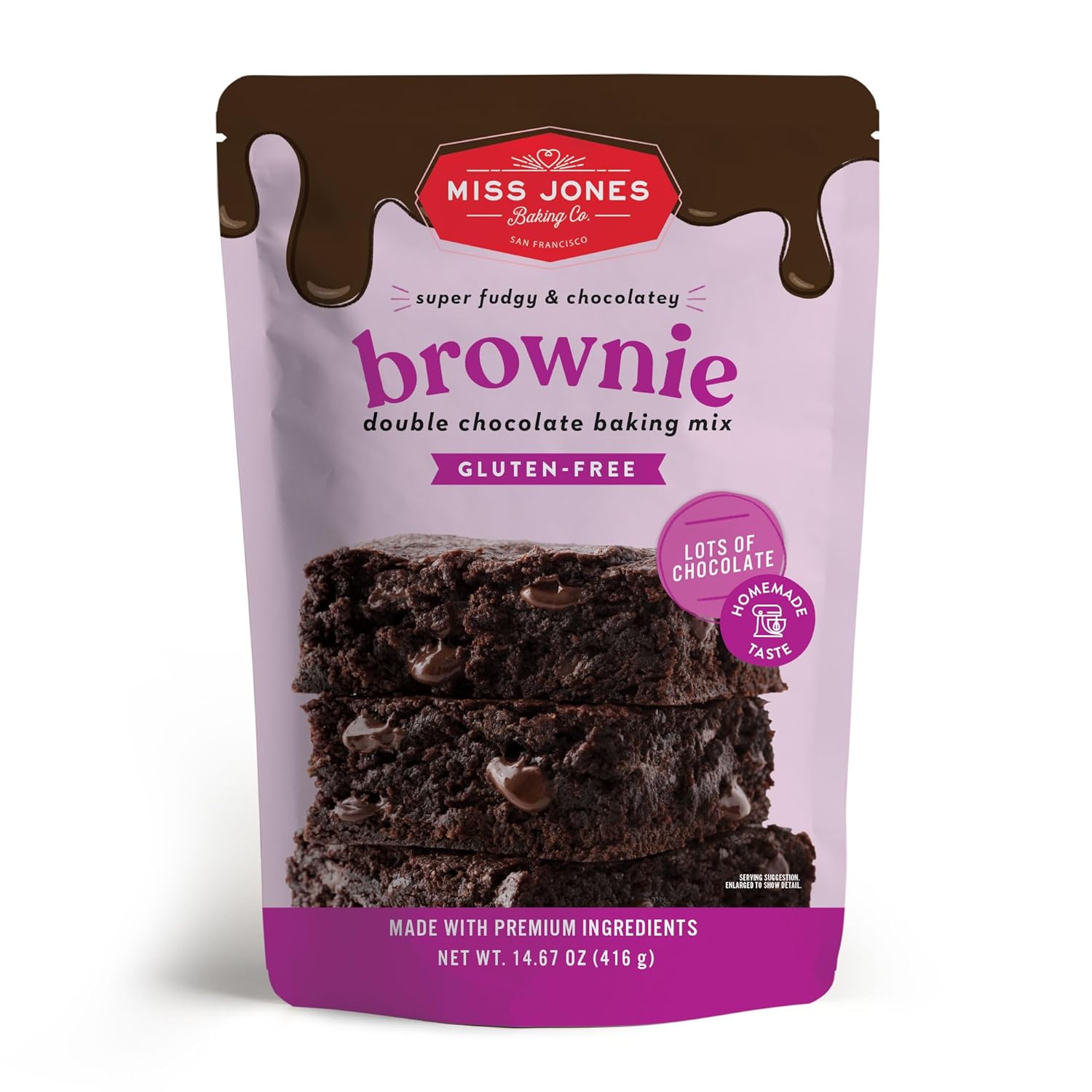 Miss Jones Gluten-Free Baking Brownie Mix box with brownies.