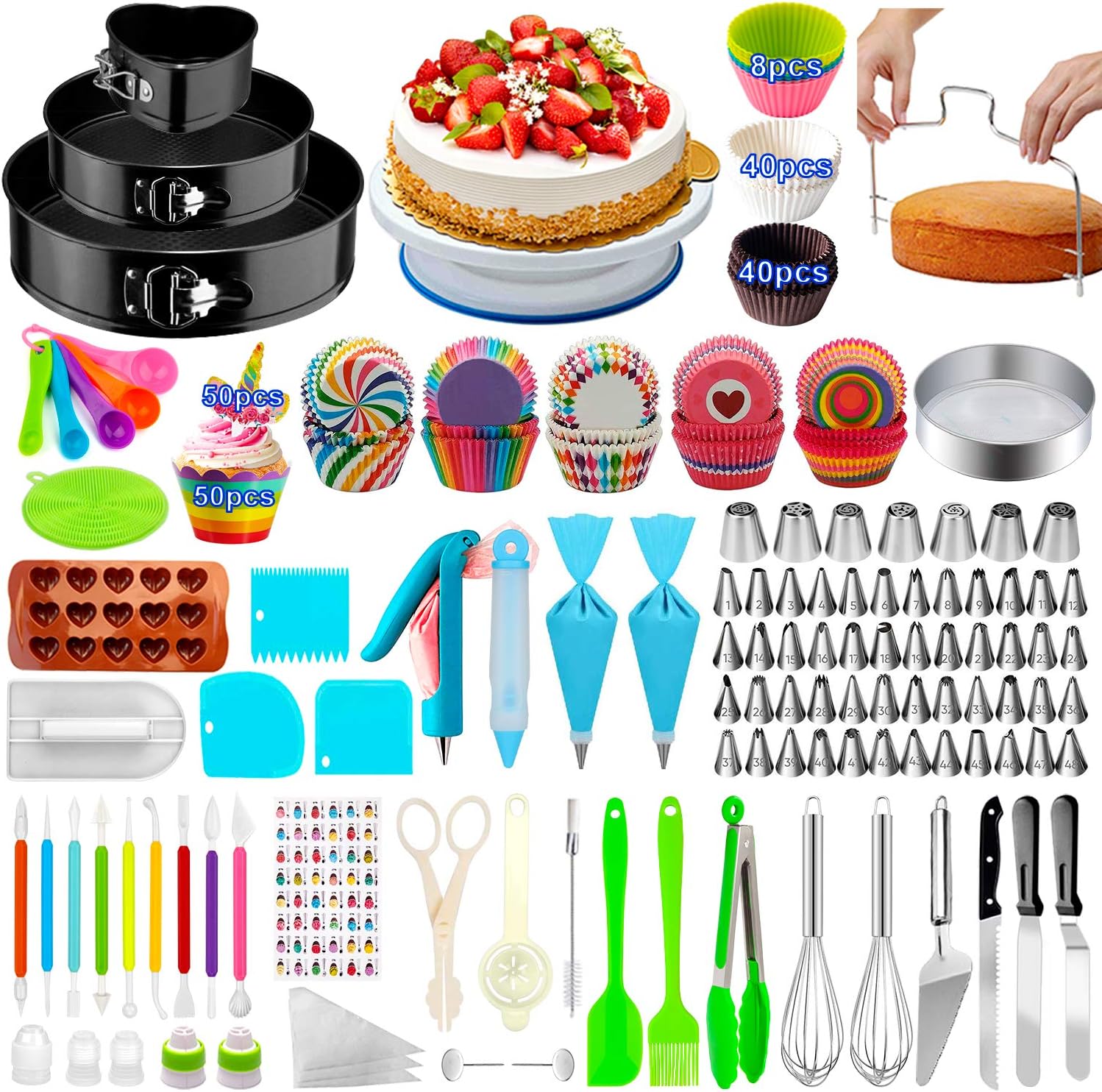 493 PCS Cake Decorating Supplies 3 Springform Cake Pans Rotating Turntable 48 Piping Tips 7 Russian Nozzles Multicolor Cupcake Kit